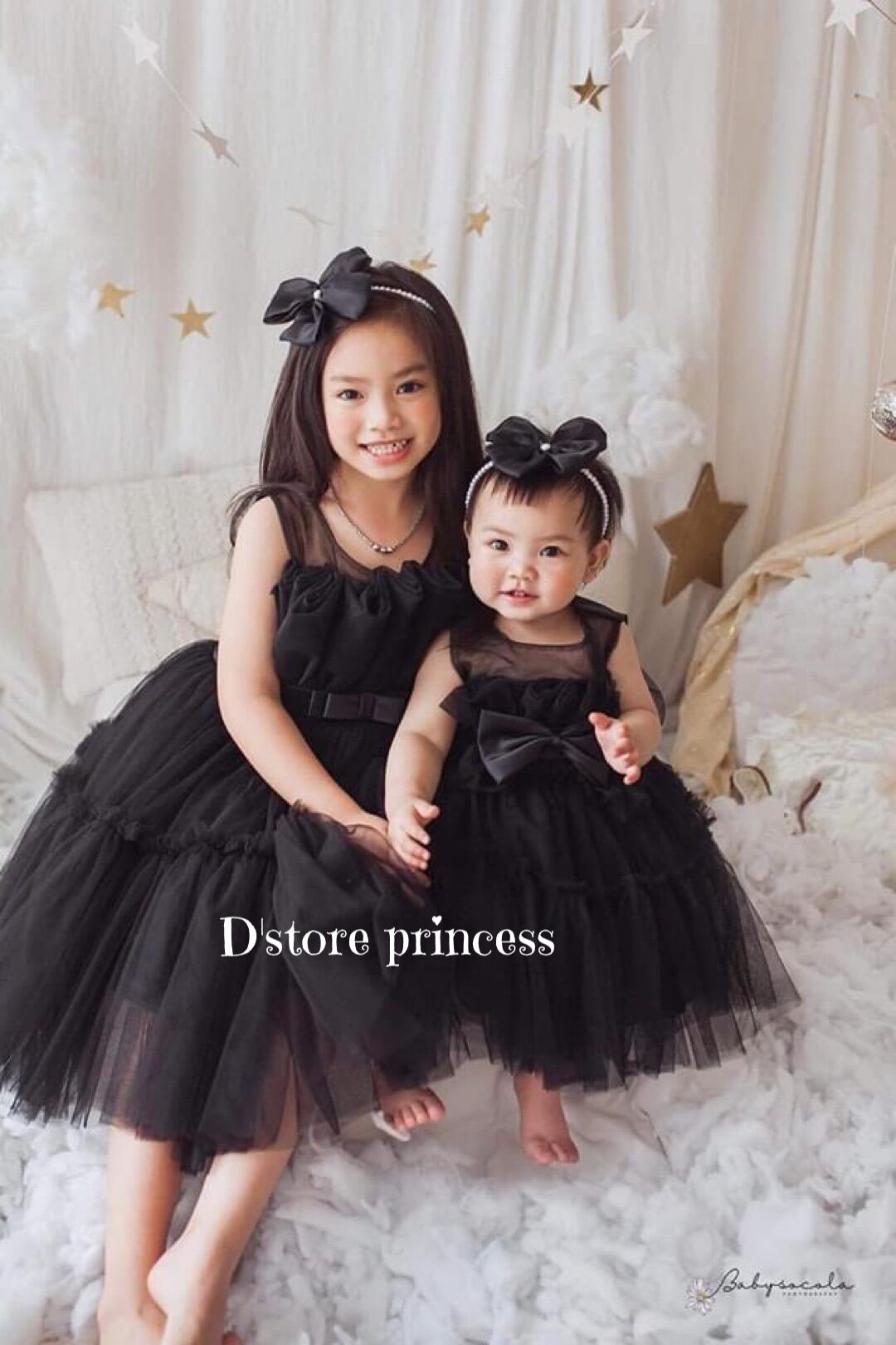 8kg - 20kg Đầm công chúa bé gái váy công chúa lưới đen nơ eo cực xinh xắn cho bé gái D020