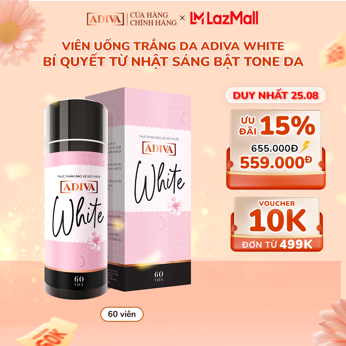 Viên Uống Trắng Da ADIVA White 60 Viên- Hỗ Trợ Giảm Các Đốm Tối Màu Và Thâm Nám Cho Làn Da