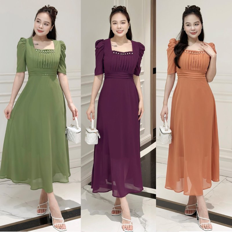 Đầm maxi form dài, xếp ly ngực và eo đính ngọc, tay phồng - MS0293