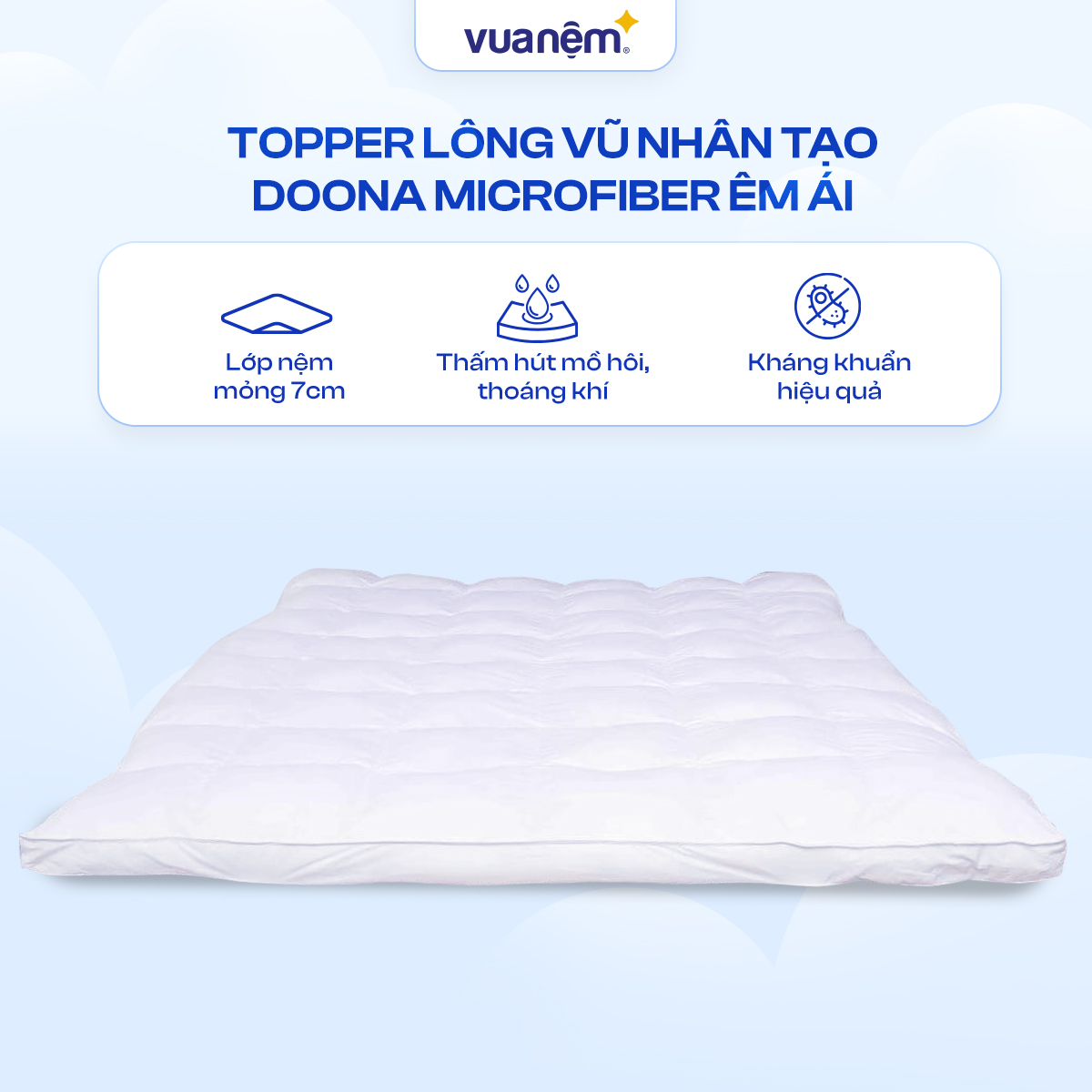 Topper bông Doona Microfiber cao cấp êm ái, dày dặn thấm hút mồ hôi, kháng khuẩn tốt