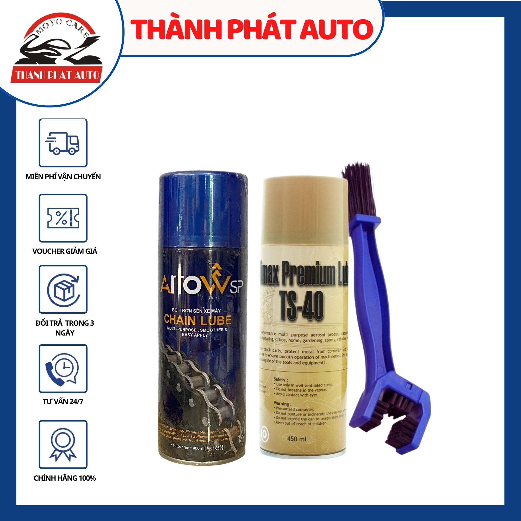 [HCM]BỘ 3 SẢN PHẨM VỆ SINH SÊN TS-40 400M+ CHAI XỊT BÔI TRƠN SÊN XE MÁY ARROW CHAIN LUBE 400ML TẶNG BÀN CHẢI CHUYÊN NGHIỆP 3D