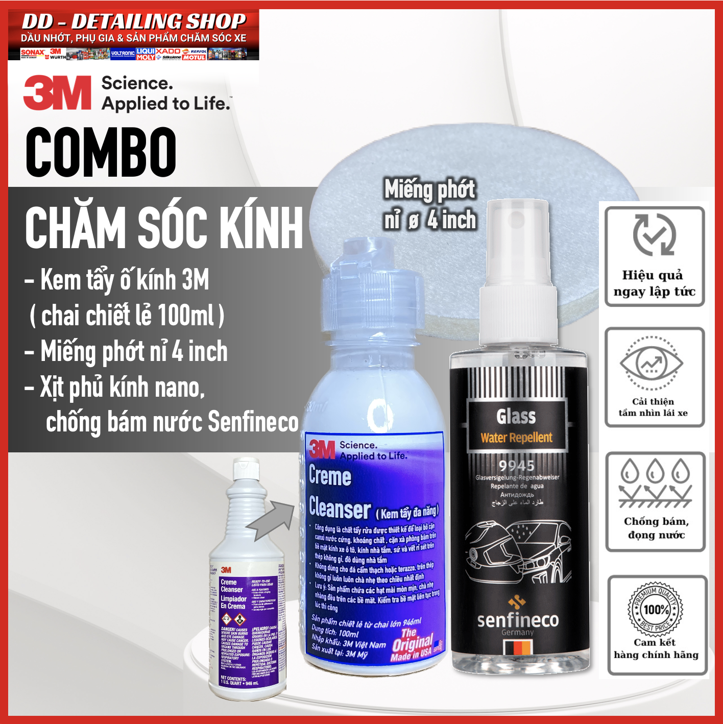 Bộ Kem tẩy ố kính ô tô 3M Creme Cleanser và Xịt phủ nano chống bám nước Senfineco 100ml