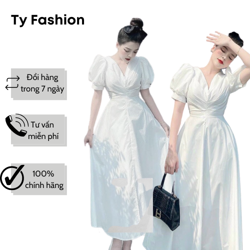 Đầm trắng dự tiệc tyfashion tf094 kiểu dáng cổ v thanh lịch 2 lớp full size s m l