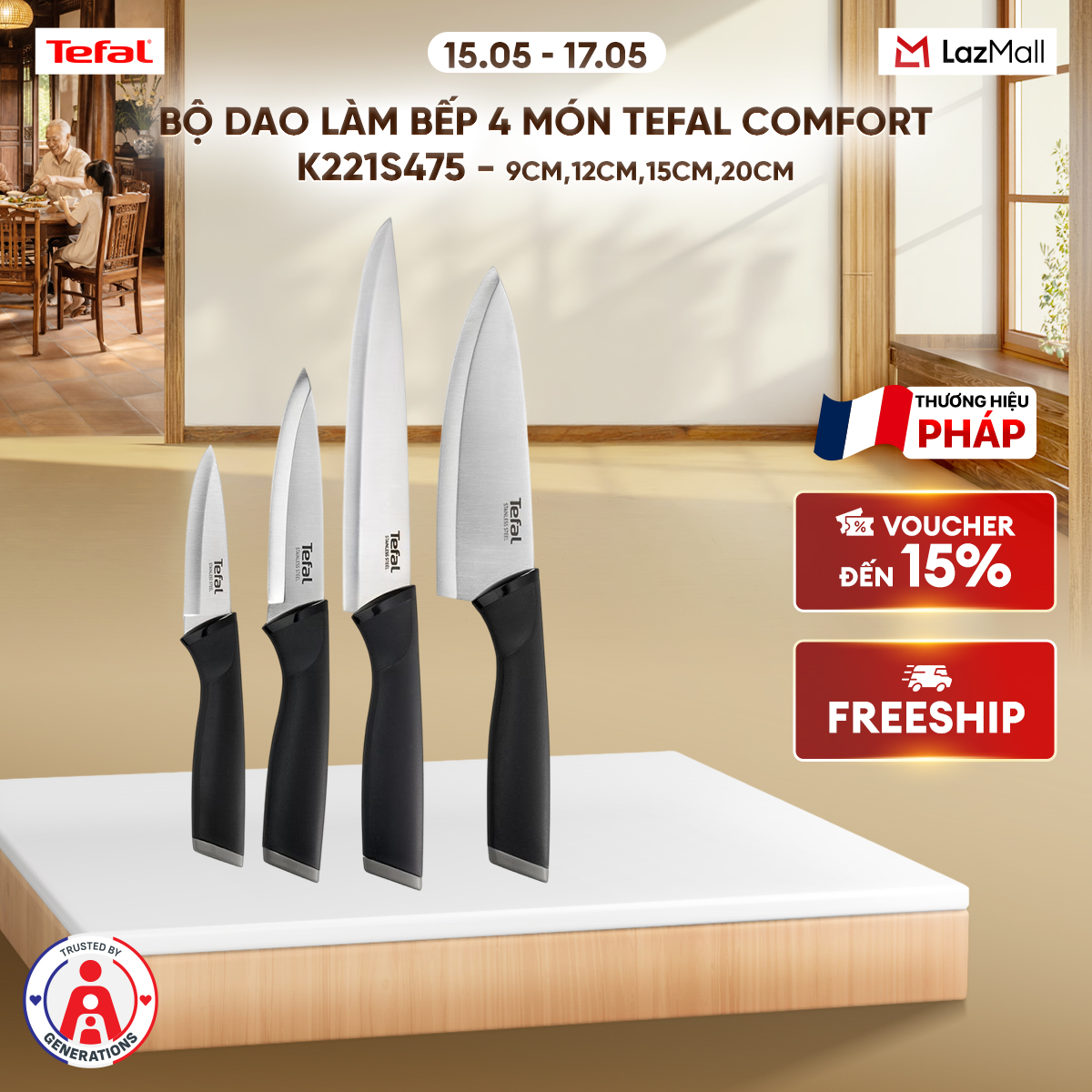 Bộ dao làm bếp 4 món Tefal Comfort K221S475 - 9cm, 12cm, 15cm, 20cm
