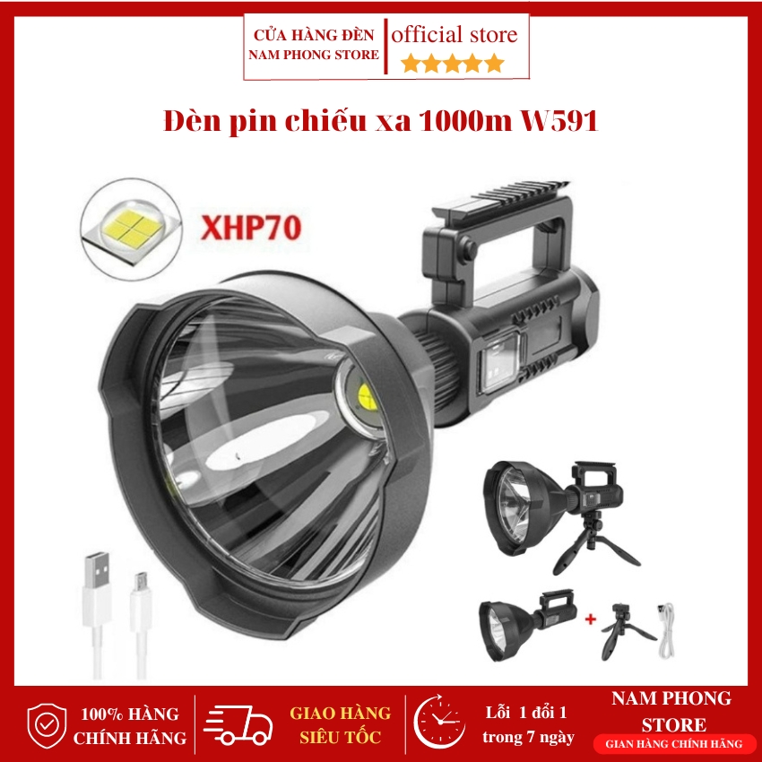 Đèn pin cầm tay chiếu xa w591, đèn pin chiếu xa 1000m, công suất 50w, có chế độ sạc pin thiết bị điện tử