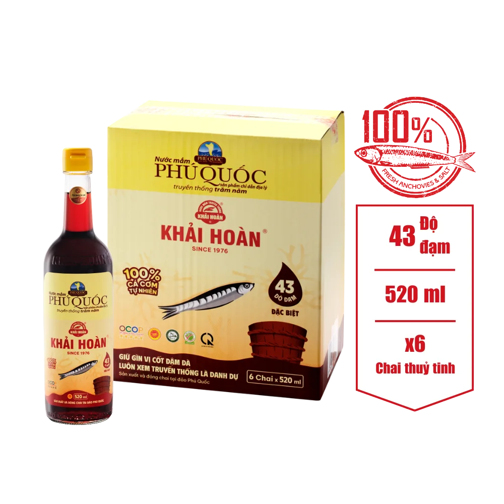 Nước mắm Phú Quốc Khải hoàn thùng/6chai 520ml 43 độ đạm