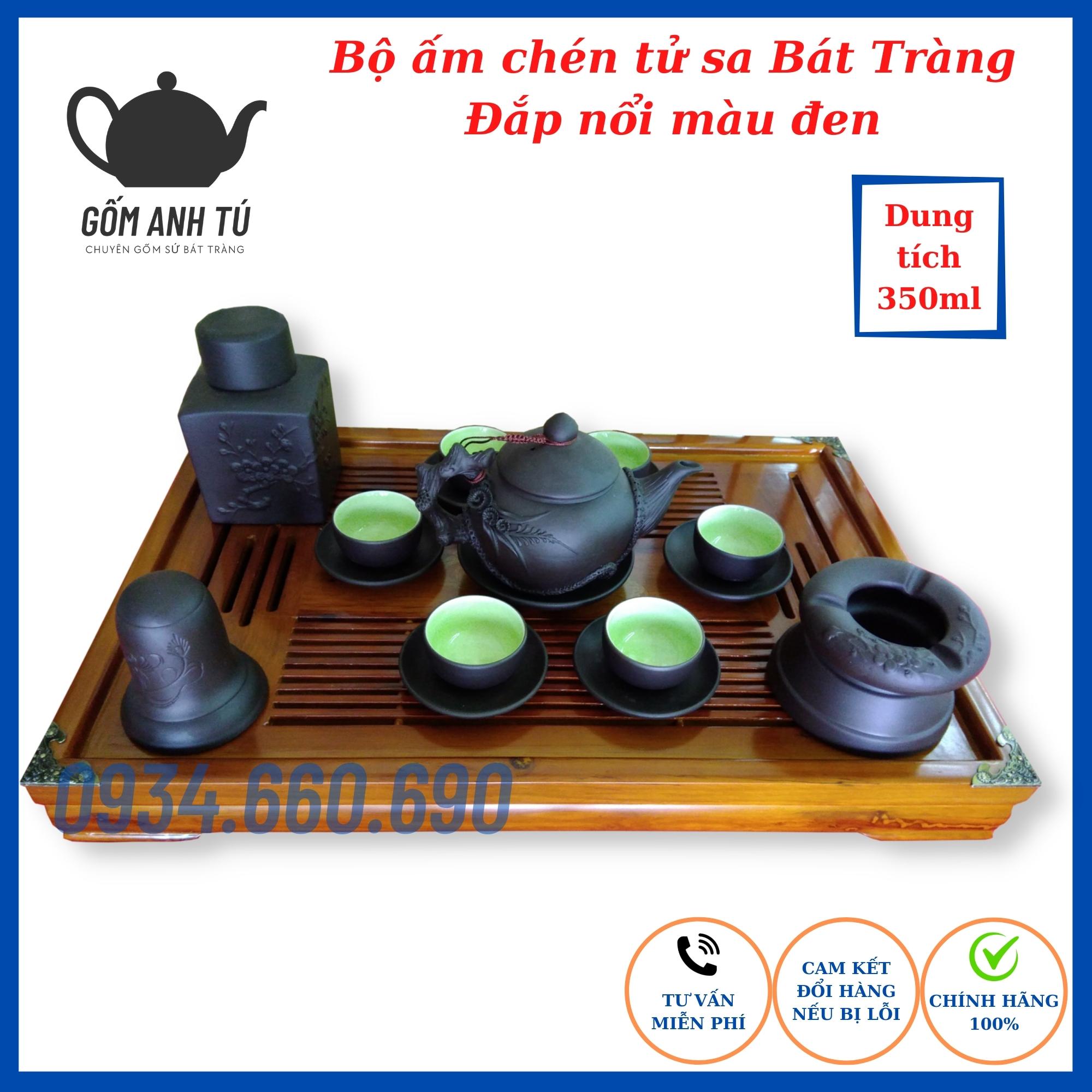 Bộ ấm chén Tử Sa Bát Tràng ấm pha trà đắp nổi Hoa Đen cao cấp hàng loại 1 dung tích ấm 350ml