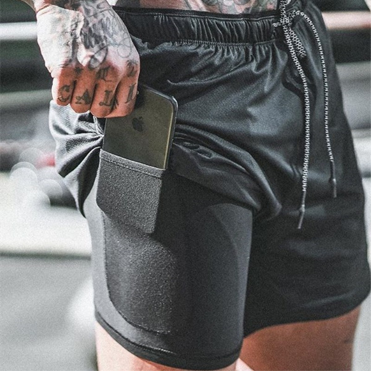 Quần short tập gym chạy bộ thể thao nam 2 lớp có túi