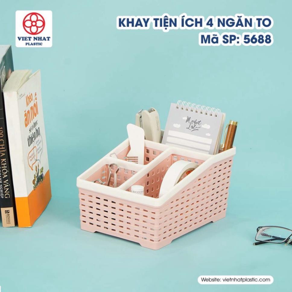 Rổ nhựa văn phòng 4 ngăn đựng bút, remote, điện thoại, vật dụng tiện ích