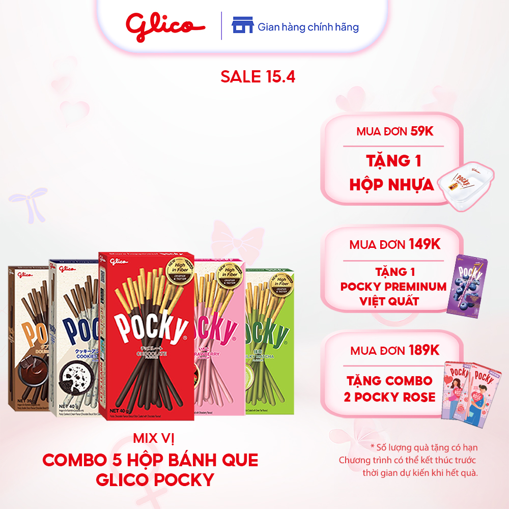 Combo 5 Hộp Mix Vị Bánh Que Phủ Kem Glico Pocky (5 Hộp - 1 Dâu 1 Socola 1 Cookie 1 matcha 1 Double Choco)