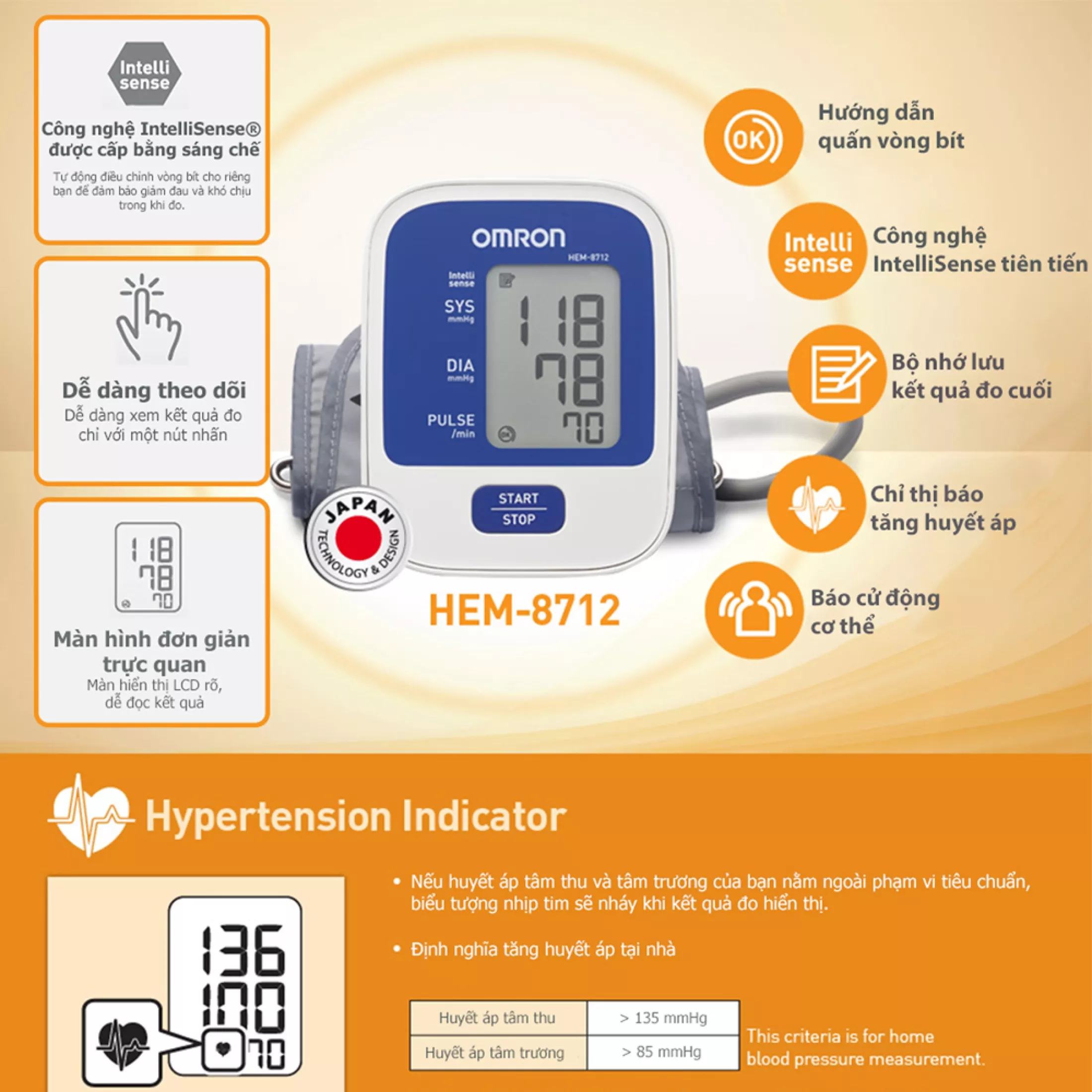 Máy đo huyết áp điện tử bắp tay Omron HEM 8712 hoàn toàn tự động, kiểm tra huyết áp cao thấp, nhịp tim, theo dõi sức khỏe [TBYT H-Care]