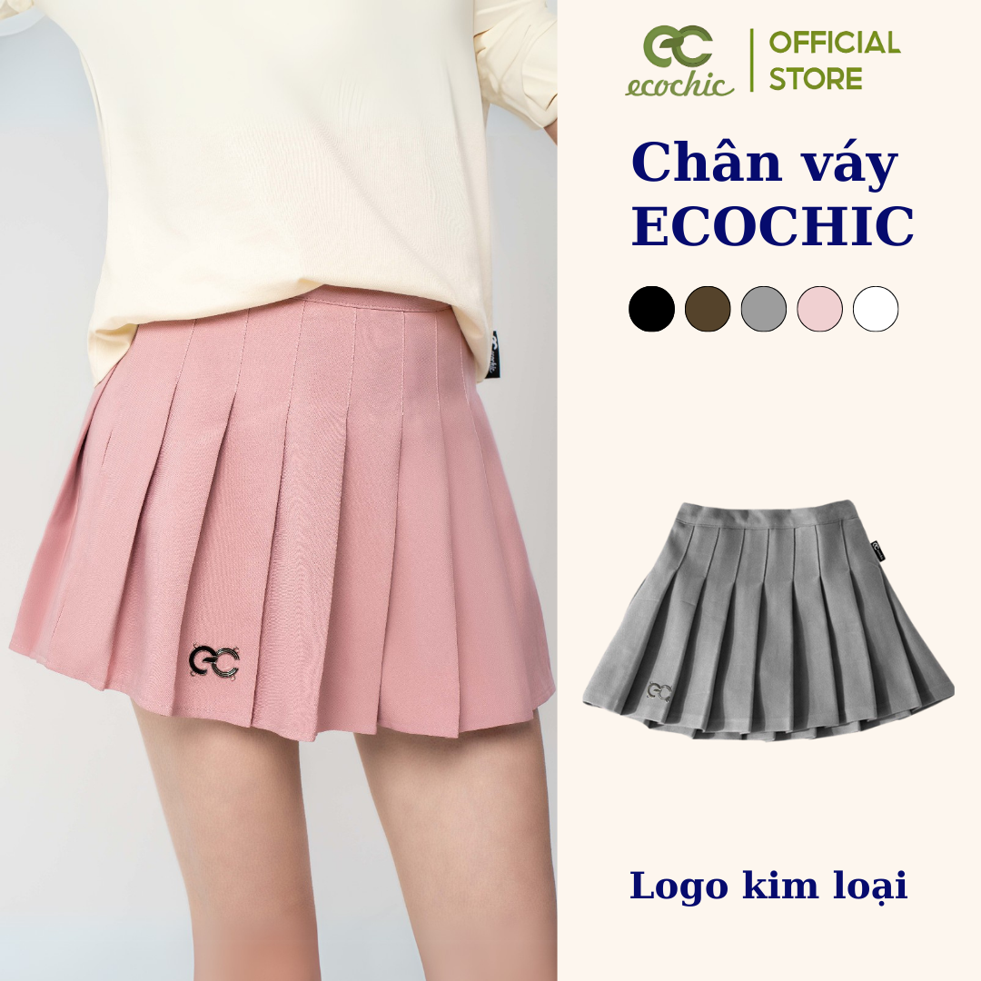 Chân Váy Xếp Li Ngắn Dáng Xoè ECOCHIC , Chân váy Tennis Logo Tag Kim Loại Hồng Ghi Nâu Đen Trắng F537