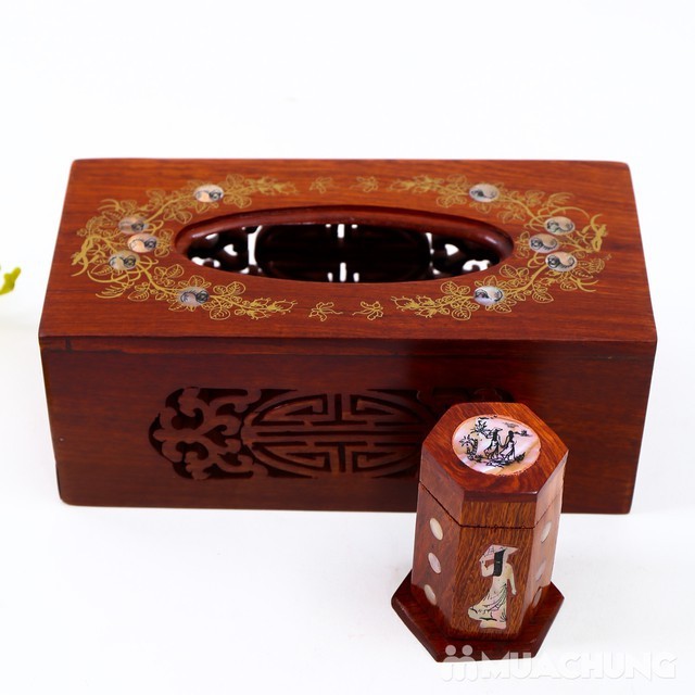 Hộp đựng giấy ăn gỗ hương khảm trai - Tặng kèm lọ tăm gỗ hương