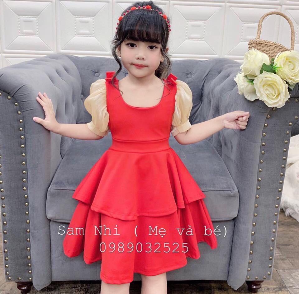 Đầm xòe tầng - tay nơ phối bóng kính - hàng thiết kế cực xinh cho bé gái