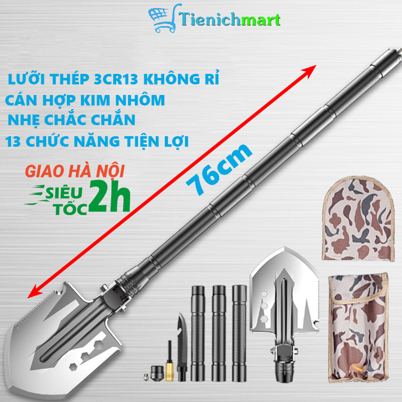 Bộ cuốc xẻng quân dụng đa năng làm vườn đi rừng đi phượt dã ngoại gấp gọn 13 chức năng tiện lợi