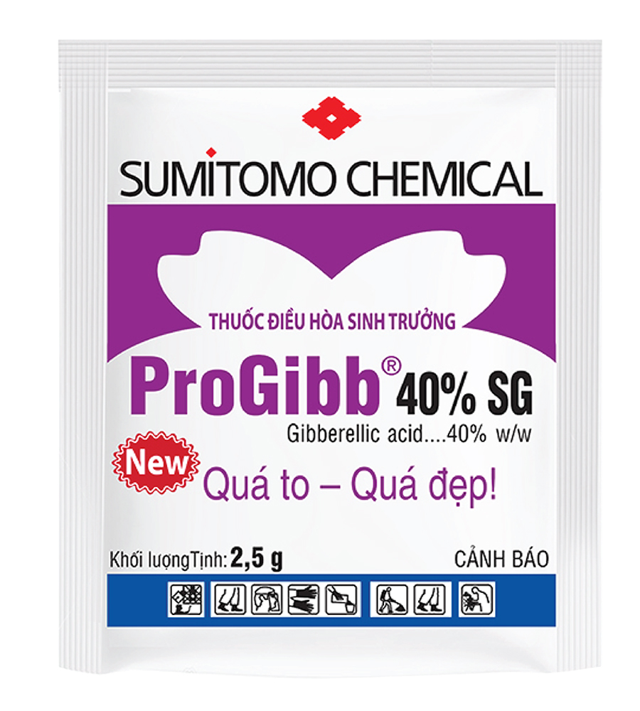 Sản phẩm điều hòa sinh trưởng trên cây trồng Progibb 40%SG - 2.5gr như: Cứng cây, Hạn chế đỗ ngã, Đòng trổ thoát/Lúa, Tăng tỷ lệ trái loại 01, Trái tròn đều, Sáng đẹp, Nặng ký, Trái không bị lem màu/Cây ăn trái,...