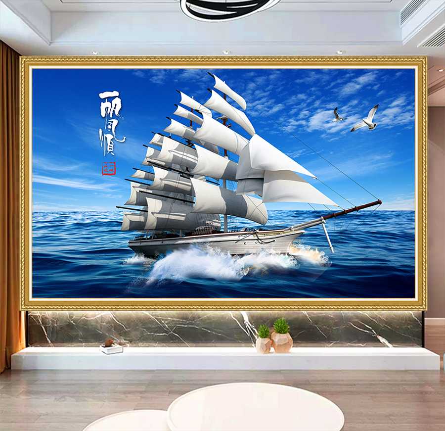Tranh dán tường 3D Thuận buồm xuôi gió  in chất liệu PP phủ kim sa cao cấp 20170831214551149 PC