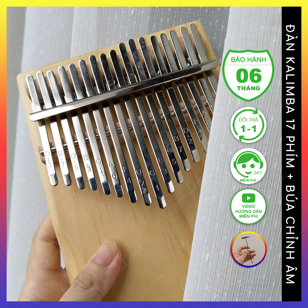 Đàn kalimba 17 phím gỗ nguyên khối QUYNHLEMO, Kalimba 17 phím khắc nốt gỗ tự nhiên, đồ chơi cho bé tặng búa chỉnh âm.