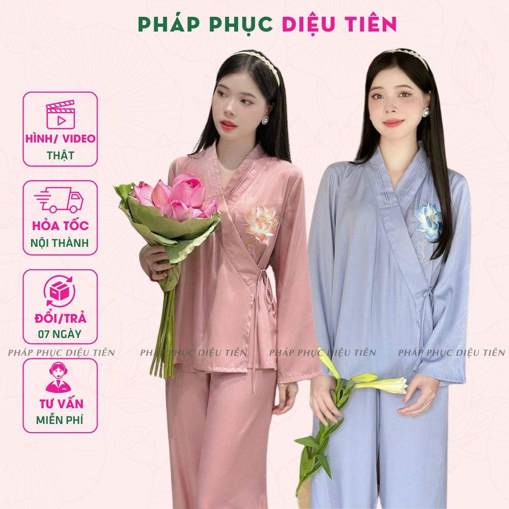 Bộ đồ đi lễ , pháp phục đi chùa chất liệu lụa Kate Hàn thêu hoa sen cao cấp - Pháp Phục Diệu Tiên