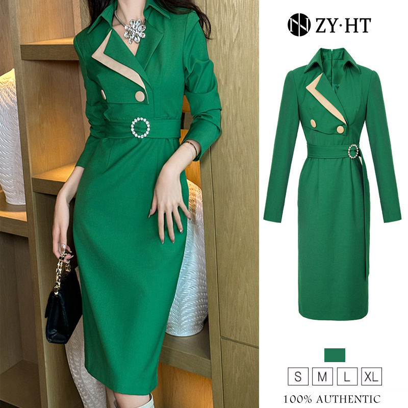 ZYHT EraVogue Đầm Váy nữ Váy xanh lá cây Váy dài tay Váy công sở Trang phục xã hội cao Váy công sở Váy Pháp 50619