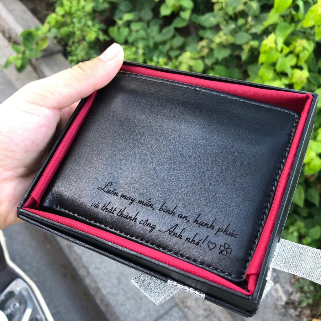 Ví nam nappa siêu bền khắc tên theo yêu cầu tặng kèm hộp quà nơ và túi giấy Ví gập đôi