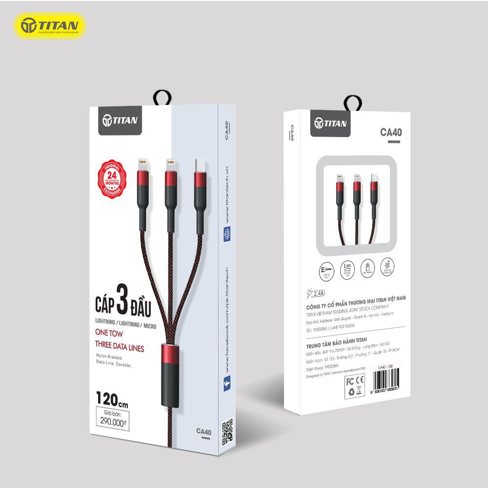 Cáp sạc 3 đầu titan ca40 usb to lightning + lightning + micro chất liệu dây dù, độ dài 1.2m