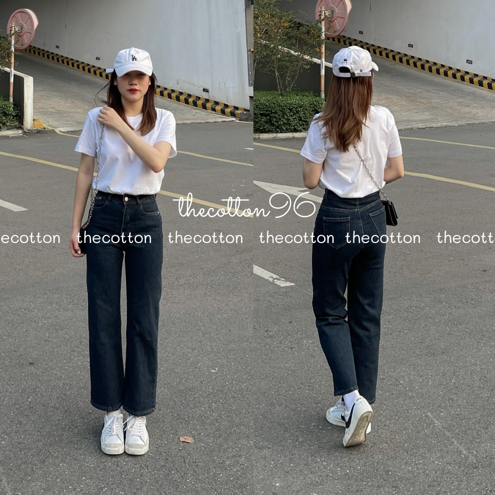 Quần jeans nữ lưng cao ống rộng xanh chì dáng suông TheCotton Quần bò ống đứng ullzang co giãn
