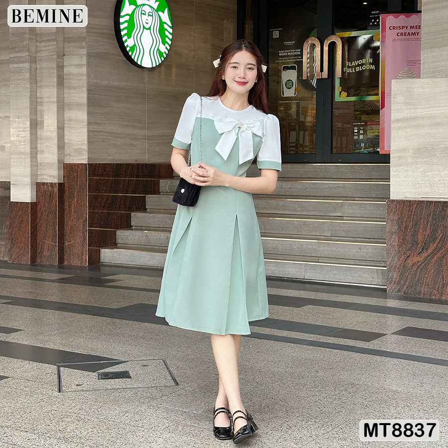 Đầm thiết kế cổ tròn đính nơ ngắn tay tùng xếp ly bemine mt8837