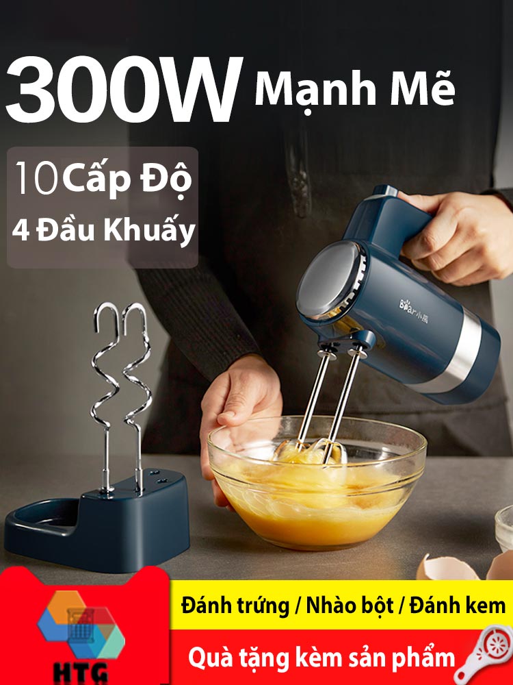 Máy đánh trứng trộn bột cầm tay bear ddq-b02l1 công suất mạnh mẽ 300w, 4 đầu khuấy inox 304, 10 cấp độ chính hãng