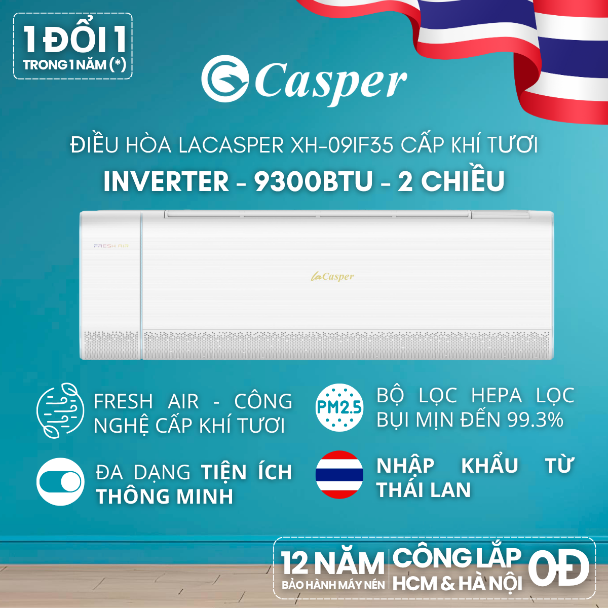 Điều hòa LaCasper Inverter 2 chiều 9300BTU XH-09IF35 - Chính hãng - Bảo hành 36 tháng