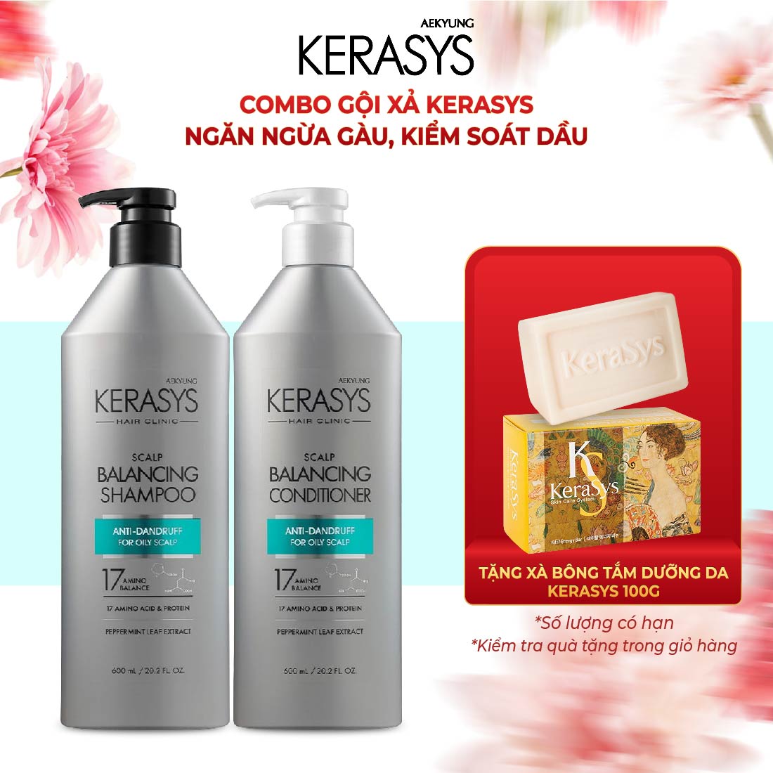 Cặp dầu gội xả Kerasys Scalp Balancing Hàn Quốc kiềm dầu, ngăn ngừa gàu 600ml