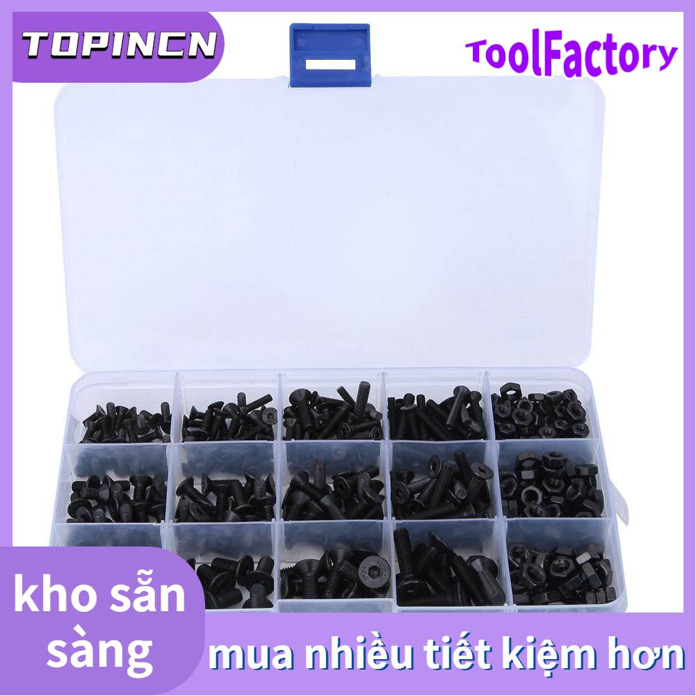 460 Cái Vít Lỗ Lục Giác Bộ Đai Ốc Lục Giác Thép Cacbon Đầu Dẹt Màu Đen, Phụ Kiện