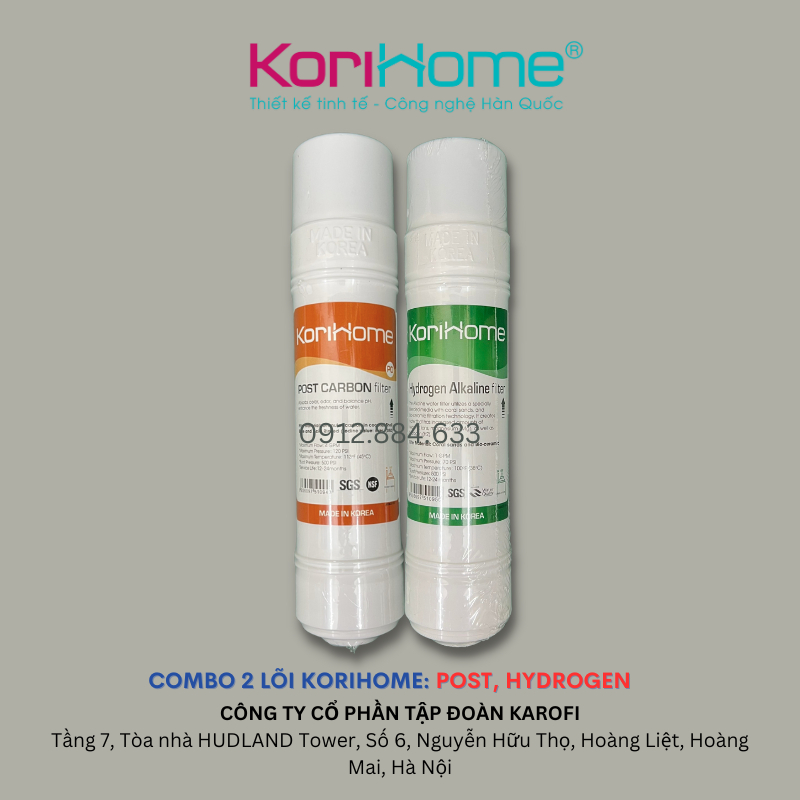 Combo 2 lõi lọc nước Korihome lõi tạo khoáng Post carbon, Hydrogen dạng U cắm nhanh Hàn Quốc