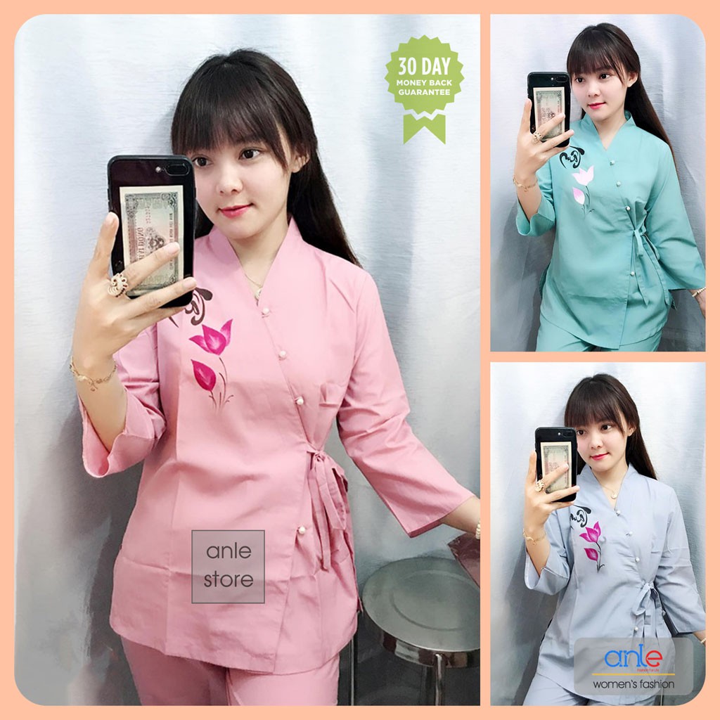 Đồ lam đi chùa Bộ đồ Thư Pháp vải Kate Cotton Mềm mịn Thoáng mát Cúc ngọc Cài Chéo Tay lỡ (Nhiều màu) - Anle Store