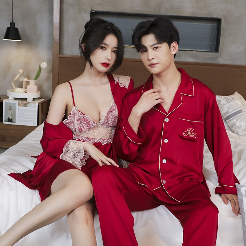 ✎▨✺ Couple pajamas for women autumn and winter new ice silk long sleeved sexy lace set men wedding home