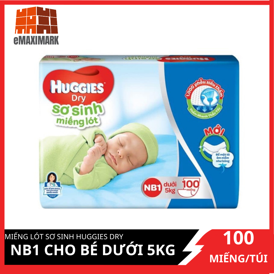 Miếng lót sơ sinh Huggies Dry size NB1 100 miếng (cho bé dưới 5kg)
