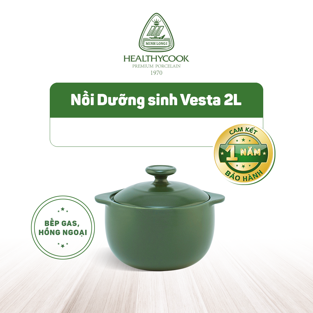 Nồi sứ dưỡng sinh minh long vesta 2.0l dùng cho bếp ga, hồng ngoại, có nắp, dùng kho cá, hầm cháo, tốt cho sức khỏe