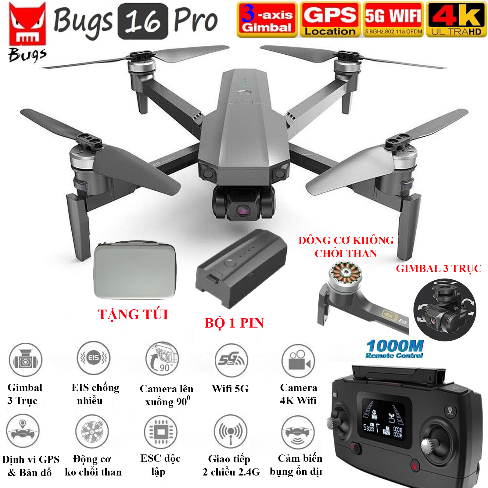 (TẶNG TÚI ĐỰNG + BỘ 2 PIN) - Flycam MJX Bugs 16 Pro Camera 4K gimbal 3 trục, Cảm biến bụng ổn định chuyến bay, Định vị GPS - WIFI 5G, Động cơ không chổi than, điều khiển xa 1000m, thời gian bay 28 phút - BẢO HÀNH 3 THÁNG