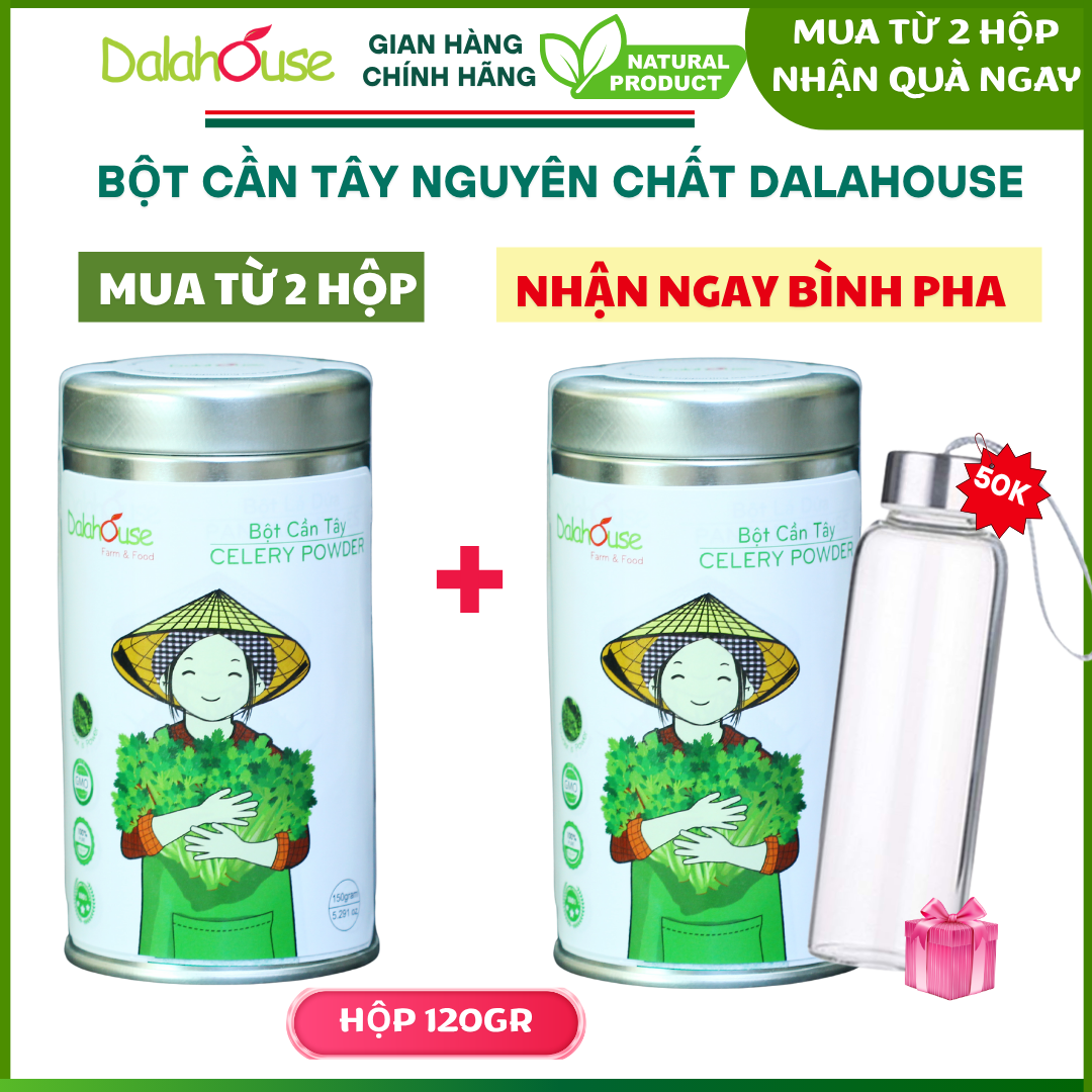   Mua 2 Hộp Tặng Bình Pha  COMBO 2 HỘP BỘT CẦN TÂY Dalahouse sấy lạnh nguyên chất 100% Organic Hộp thiếc 120gr 