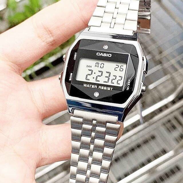 Đồng Hồ Casio Nam Nữ A159 Màu Bạc Full Thép Mặt Đính Đá