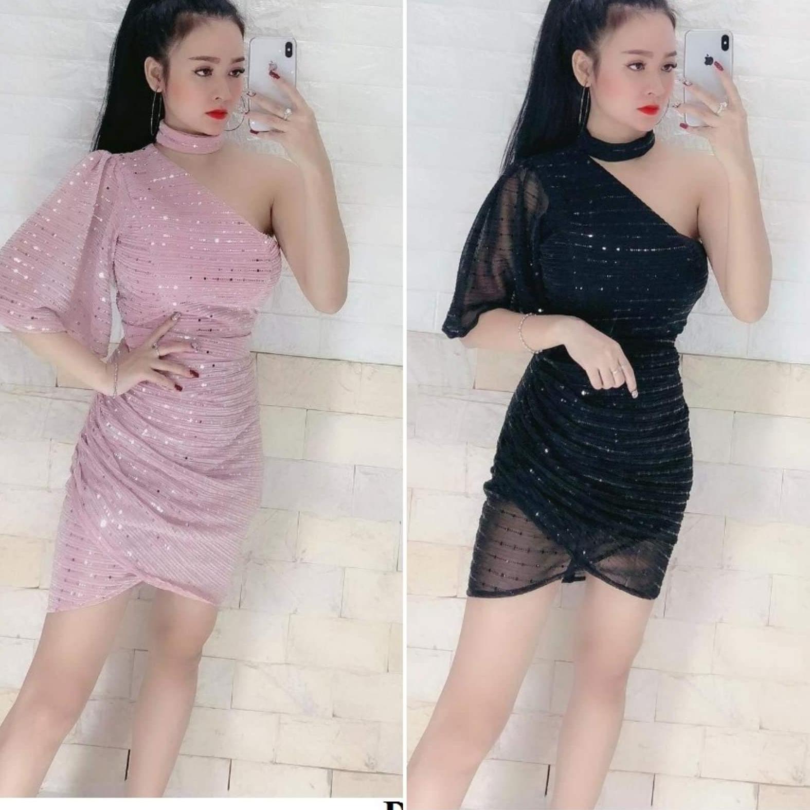 Đầm body kim sa lệch vai rút nhúng