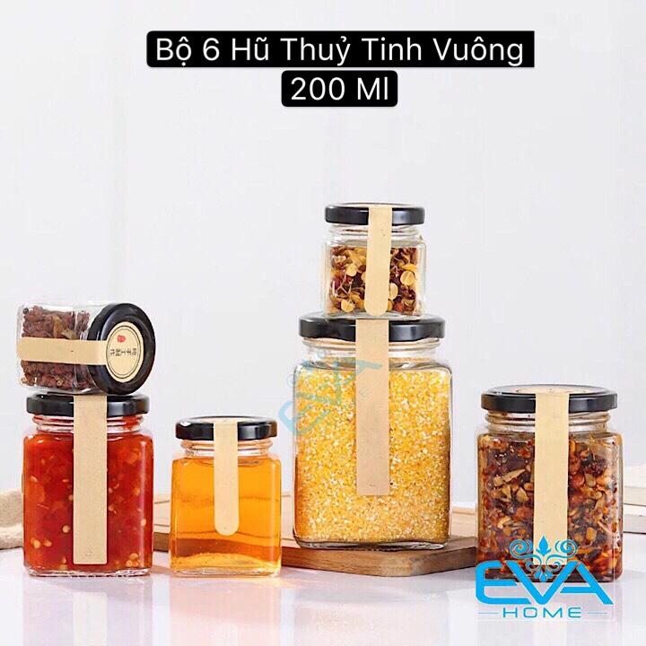 Bộ 6 hũ thủy tinh vuông nắp vặn dung tích 200 ml