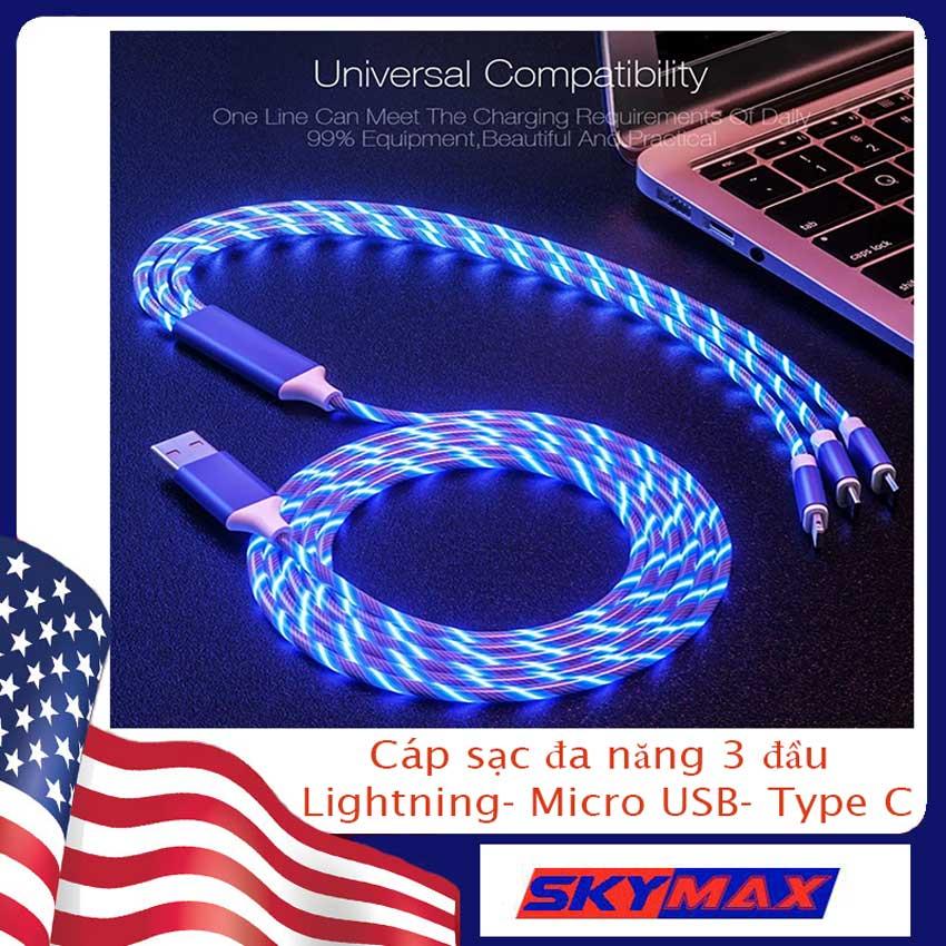 Cáp Sạc Đa Năng 3 Đầu Lightning, Micro, Type C, có đèn Led nhấp nháy, dây cáp bọc lớp nhựa cực kỳ bền dành cho các điện thoại, dây sạc 3 đầu cao cấp, cáp sac 3 đầu đa năng, cáp sac nhanh đa năng 3 trong 1, Skymax