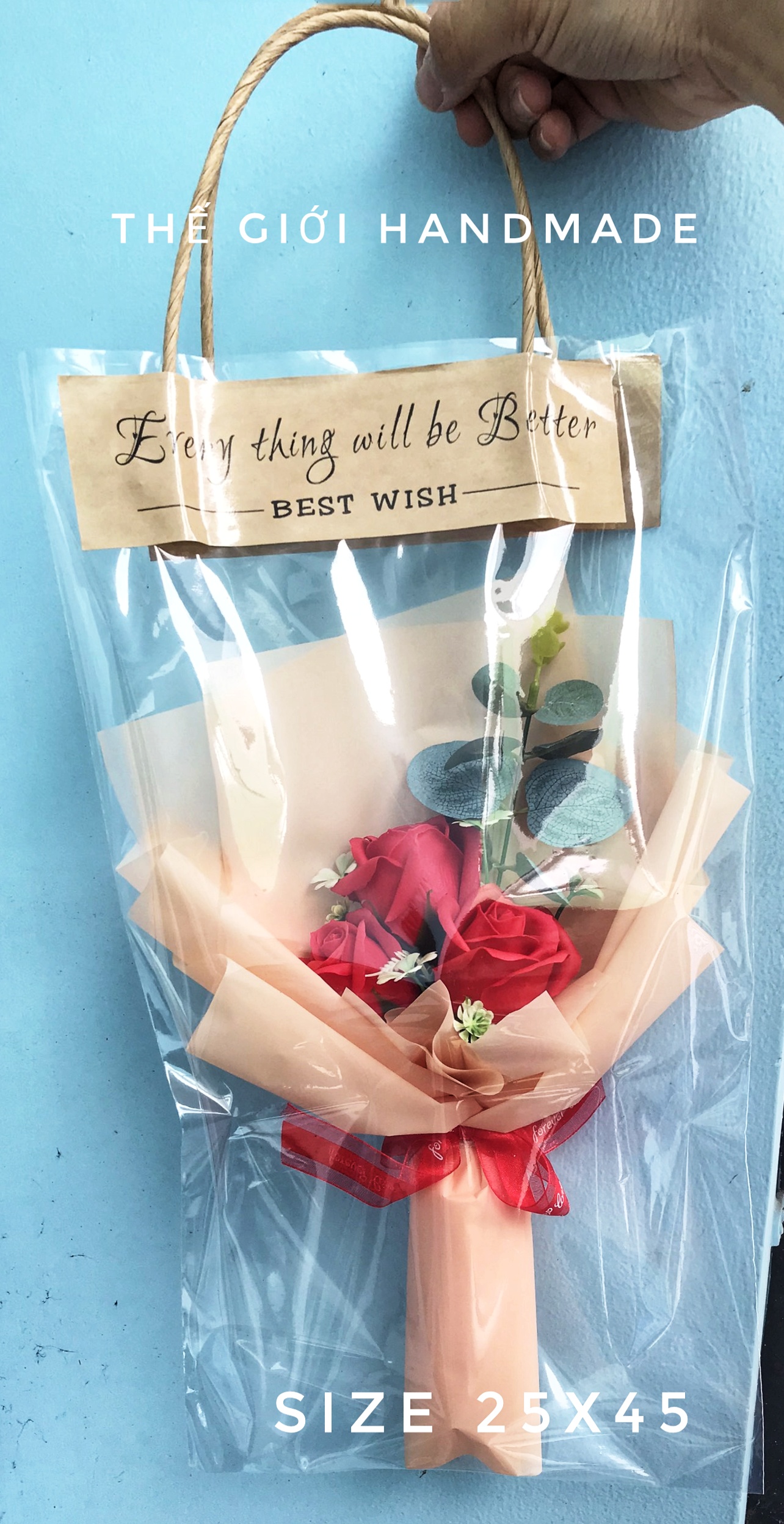 Túi kiếng đựng hoa trong suốt 19x40cm quai giấy dùng đựng gấu quà tặng