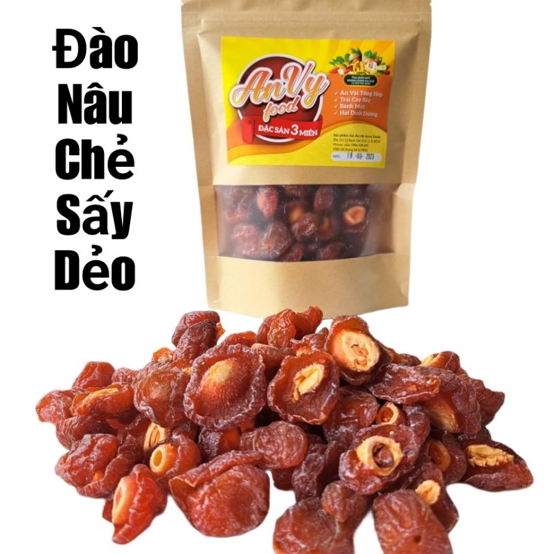 Đào Nâu Chẻ Đôi Sấy Dẻo mẫu túi kraft 500gr, chua ngọt nhẹ.