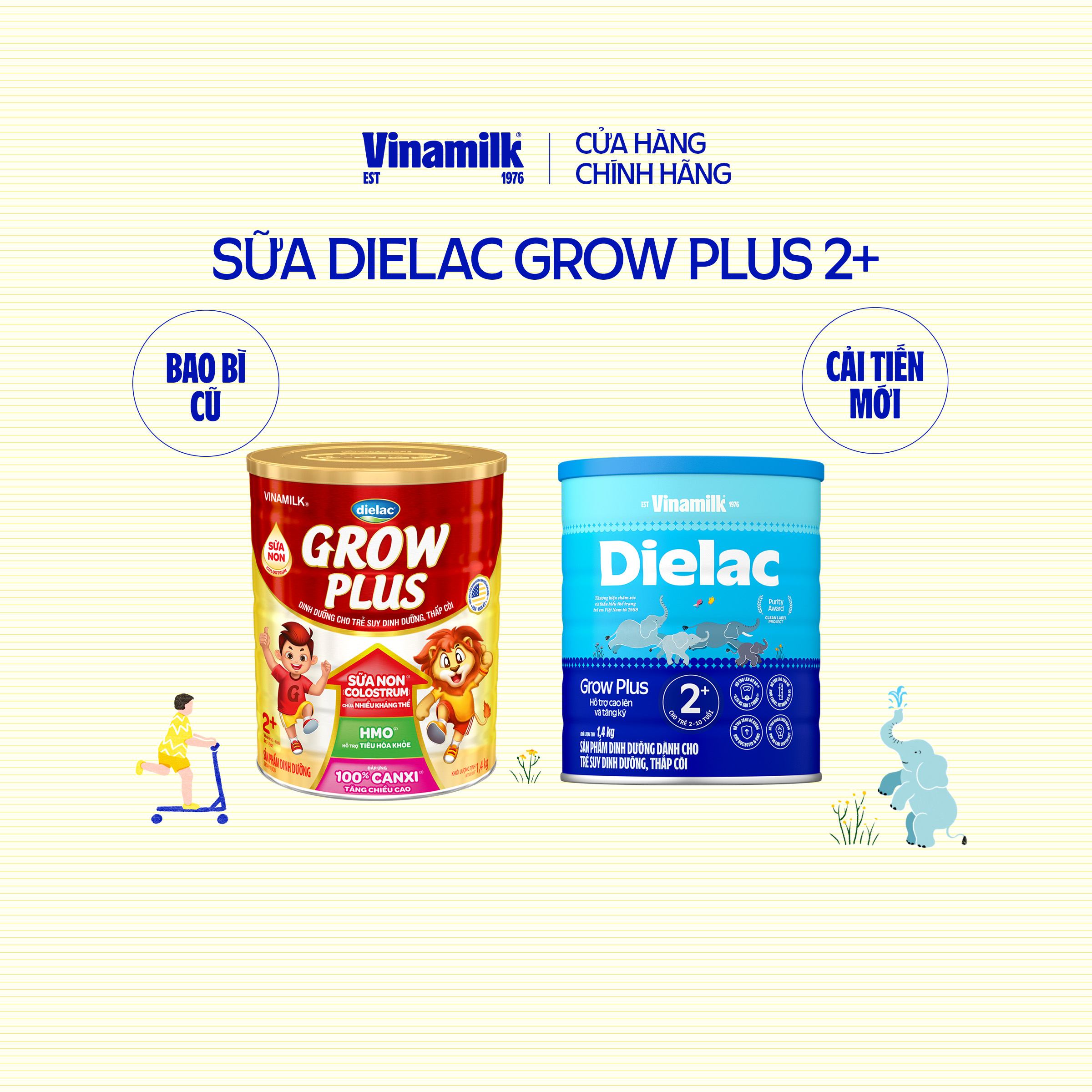 Sữa Non Vinamilk Dielac Grow Plus 2+ HT 1400g (Sữa bột Cho Trẻ Từ 2 - 10 Tuổi) -Tăng cân cao khỏe, hỗ trợ Trẻ suy dinh dưỡng, thấp còi