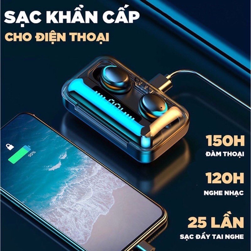 Tai Nghe Bluetooth Bản Pro Nâng Cấp Pin Siêu Trâu Dock Sạc 3500 mAh, Chống Nước IPX7 Tai nghe bluetooth không dây amoi f9 pin trâu - Tai nghe nhét tai không dây bluetooth, Tai nghe bluetooth mini, tai nghe bloutooth