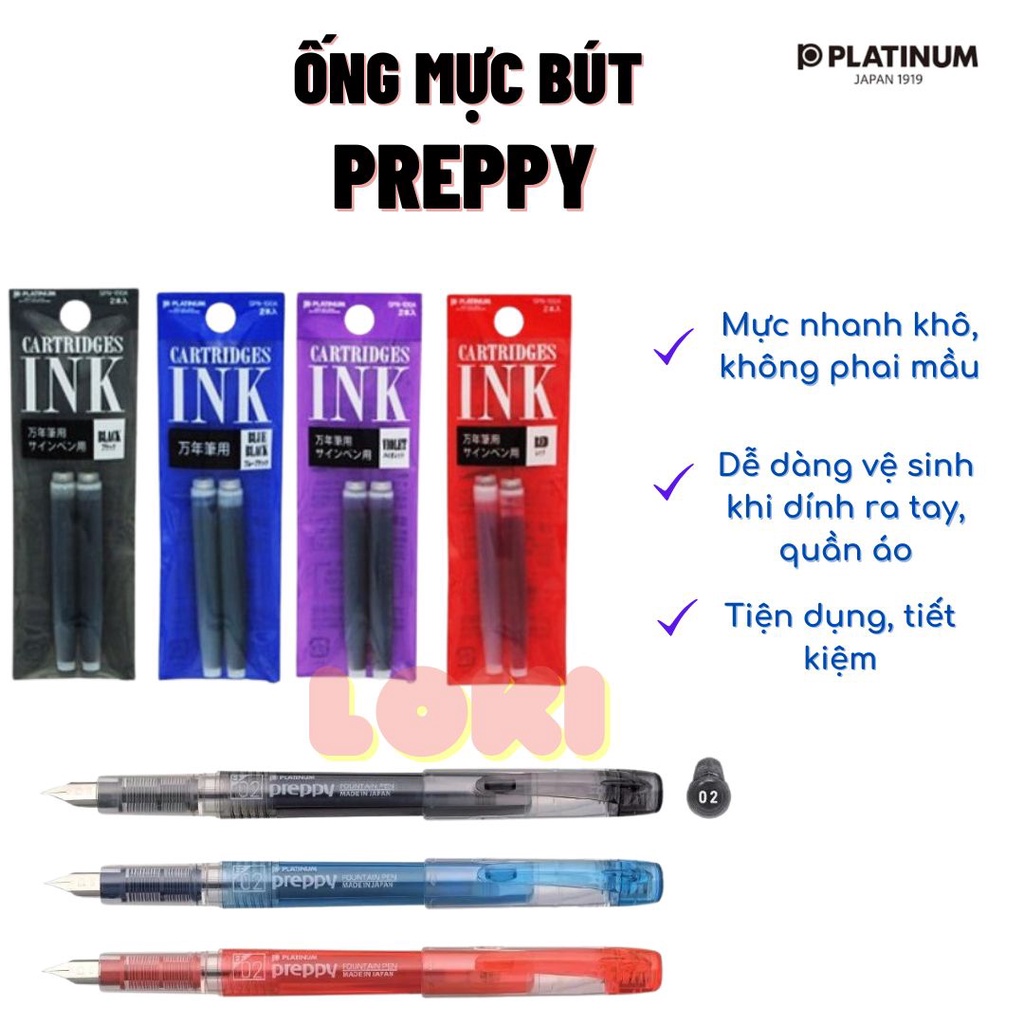Ống mực bút máy Nhật Preppy, mực Platinum , mực nhanh khô, không phai mầu - Loki