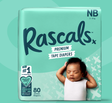 [THANH LÝ] Tã/Bỉm Dán Rascals Size NB (3-5kg) 80 miếng  - Bao Bì Sản Phẩm Trầy Xước - HSD: 24/11/2028
