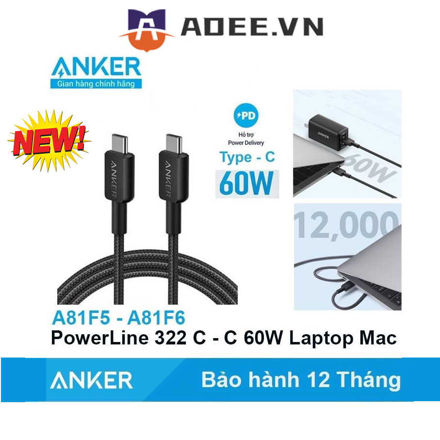 Cáp sạc nhanh type-c to c anker ,a8853/a8852, a81f5/a81f6 0.9m/1.8m. 60w,cho laptop/máy tính bảng /ipad air/pro/macbook air/ samsung /android... bảo hành 18t